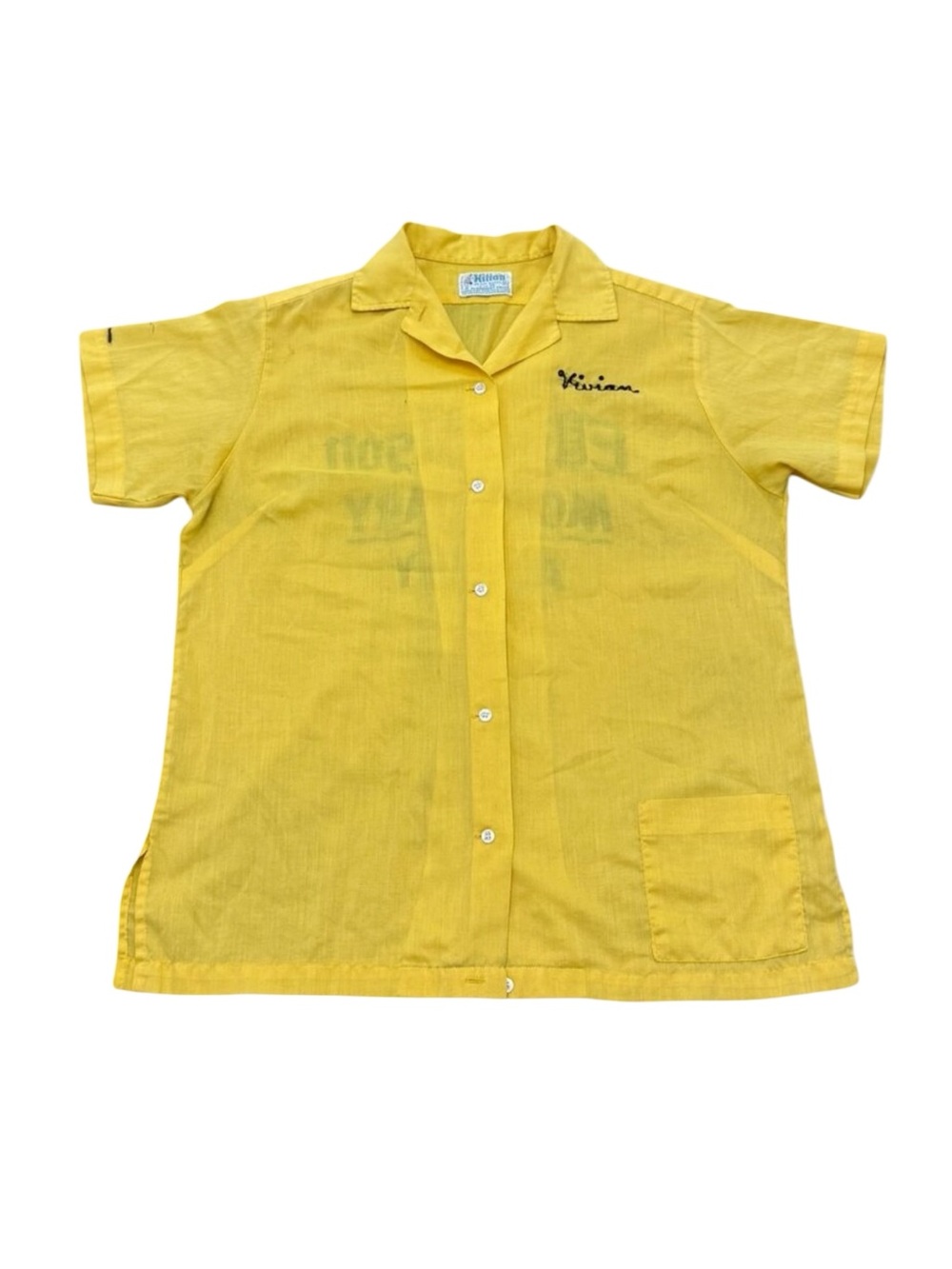 Vintage 70s Hilton Yellow Bowling Shirt Ellis-Olson Mortuary Albany – Women’s L